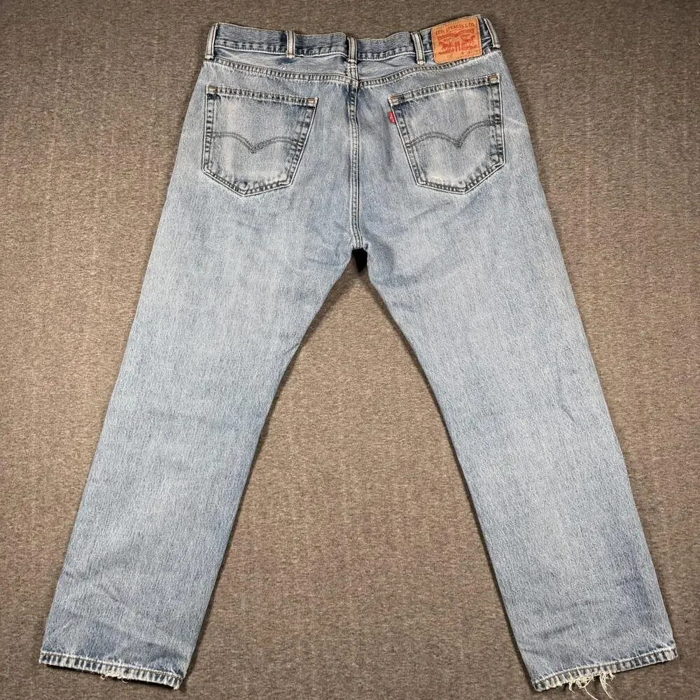 Levis 505 Jeans Mens 38x30 Light Wash Regular Fit Straight Leg Distressed Hems